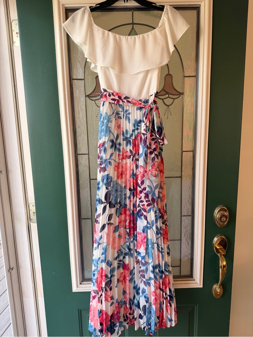 Eliza J White Off-Shoulder Top with Floral Pleated Maxi Skirt